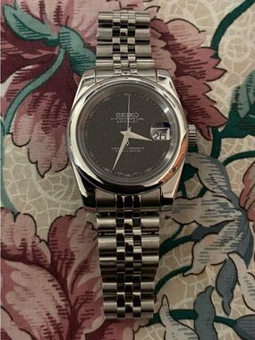 Seiko Silver Stainless Steel Watch with Black Dial